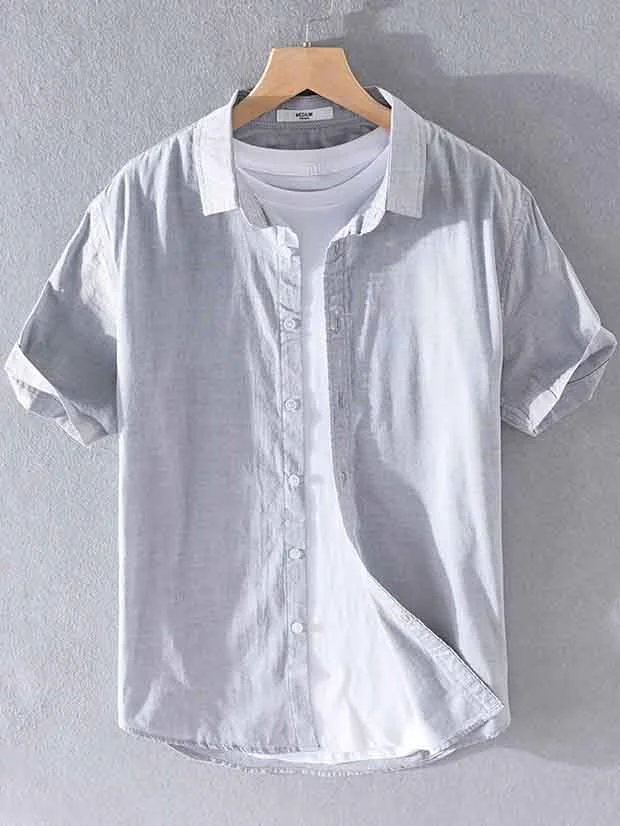 Men's Solid Color Turndown Collar Short Sleeve Linen Shirt