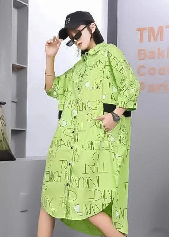 Stylish Green Patchwork Print Button Fall Cotton Half Sleeve Dress