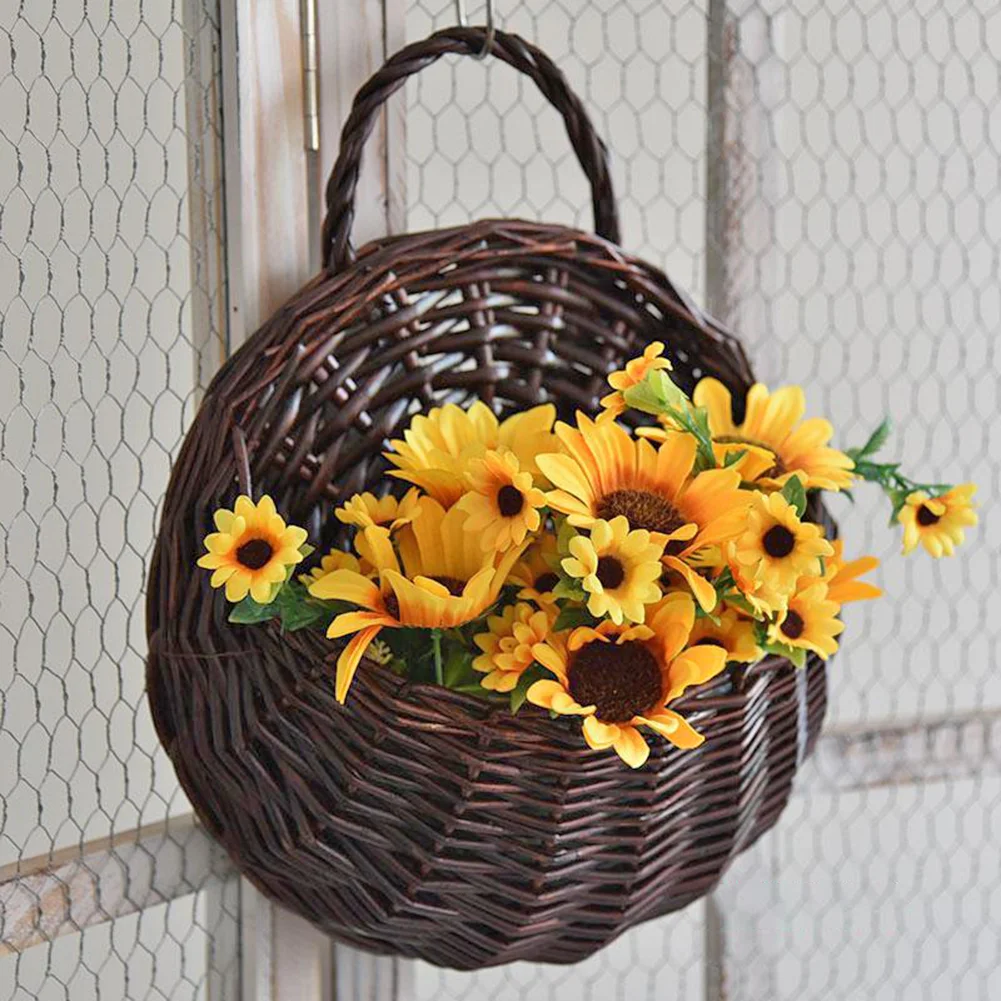Wall Mount Wicker Flower Pot Hanging Woven Rattan Basket Decor (Dark Brown)