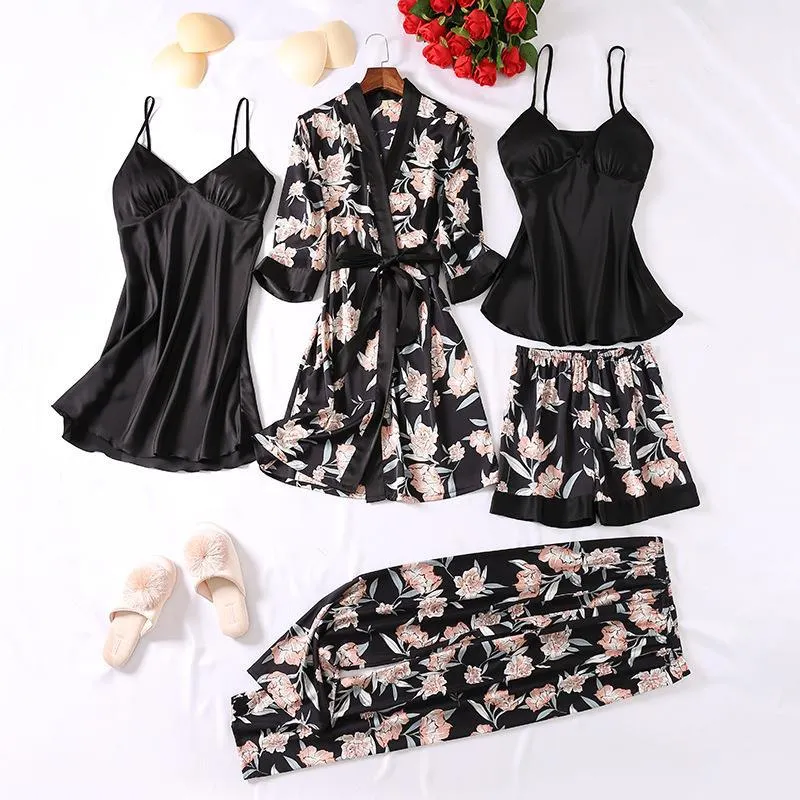 Churchf New Sex Black Homewear Five-Piece Set Of Fashion Lace Pyjamas Set Printed Women's Set