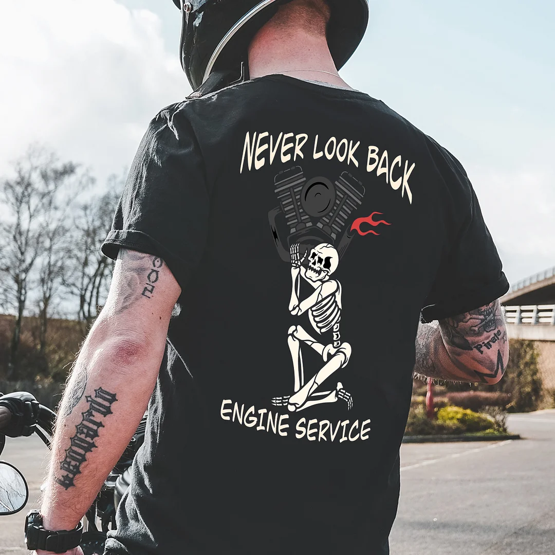 NEVER LOOK BACK ENGINE SERVICE Skeleton&Engine Print Men's T-shirt