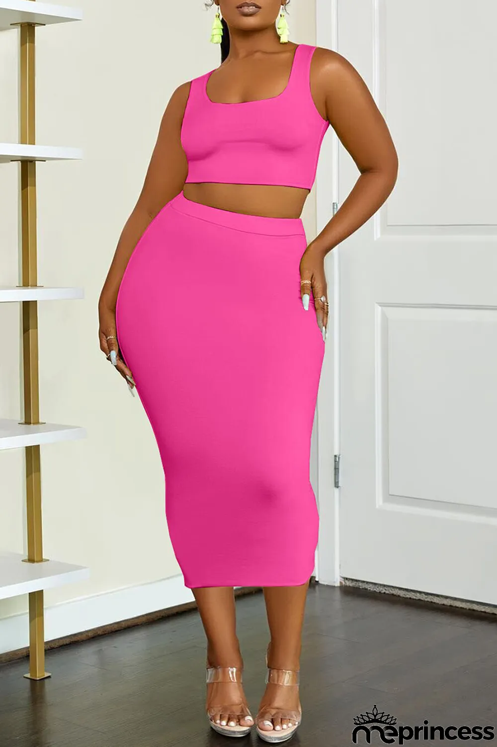 Rose Red Sexy Casual Solid Basic U Neck Sleeveless Two Pieces