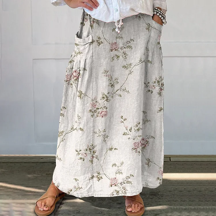 VChics Floral Art Print Linen Blend Pocket Casual Skirt