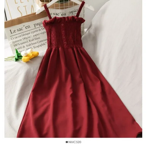 Sleeveless Dress Summer Women Off Shoulder Spaghetti Strap Slim Stretchy Breathable Soft Female Loose  All-match Simple Sweet