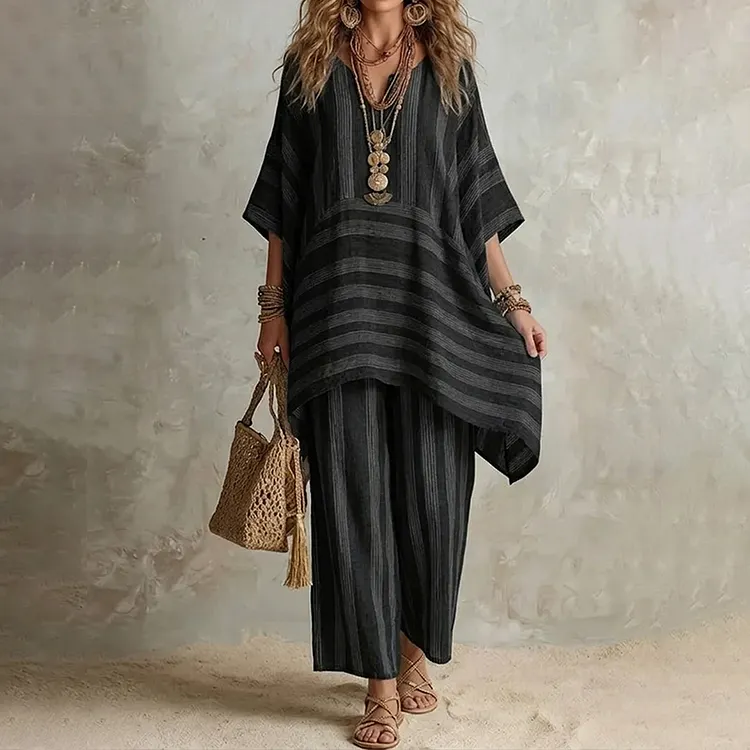 V-neck Loose Striped Casual Two-piece Set