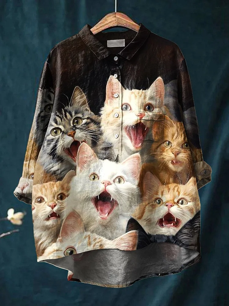 Women's Cat  Art Print Casual Cotton And Linen Shirt