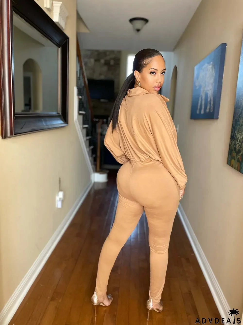 Plus Size Fashion Solid Color Zipper Jumpsuit