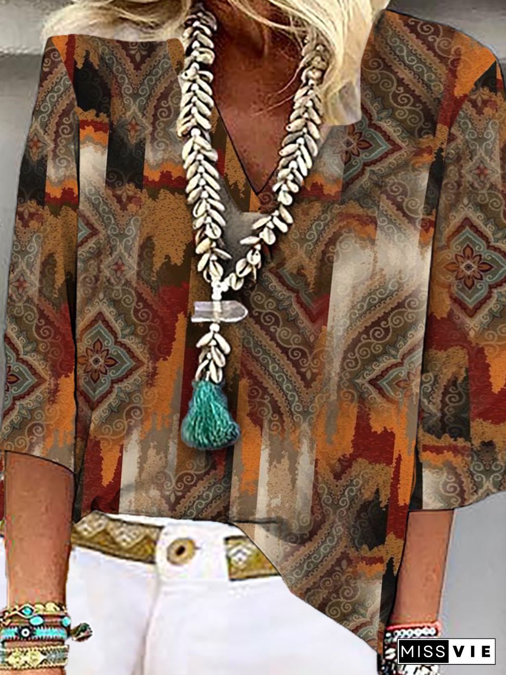 Casual Three Quarter V Neck Plus Size Printed Tops