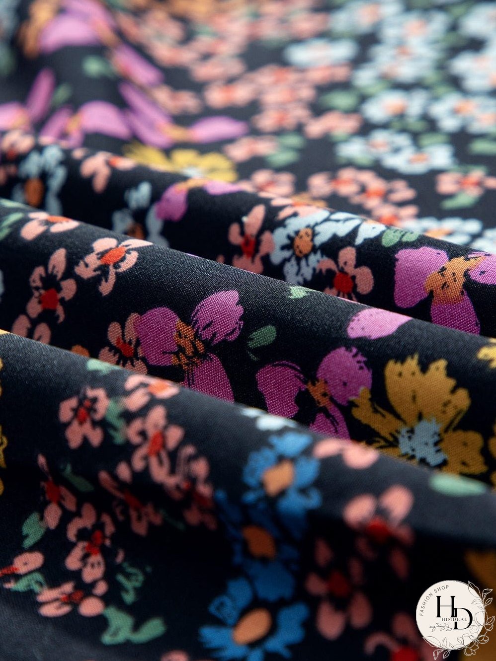 Elegant Black Floral V-Neck Midi Dress with Ruffle Sleeves