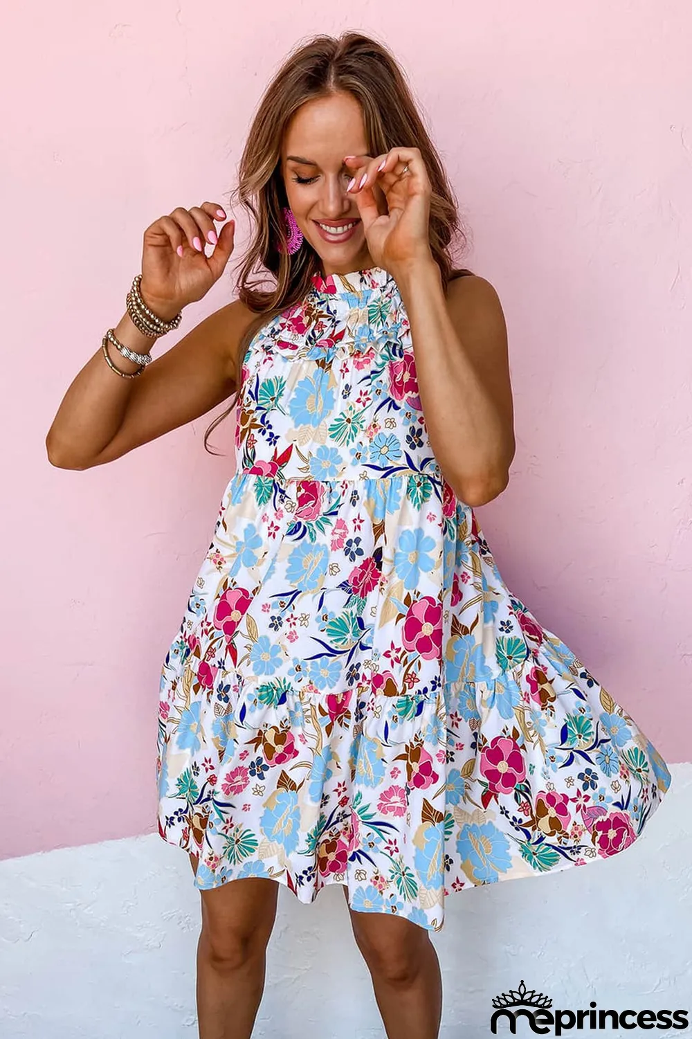 White Frill Mock Neck Sleeveless Tiered Floral Dress