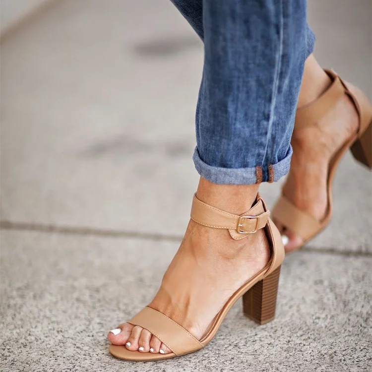 Khaki Chunky Heel Ankle Strap Sandals |FSJ Shoes