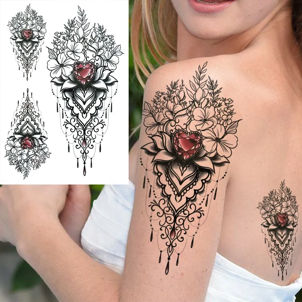 3D Flower Triangle Temporary Tattoos For Women Girl Fake Wolf Deer Geometry Tattoo Sticker Peony Dahlia Body Art Adults Tatoos
