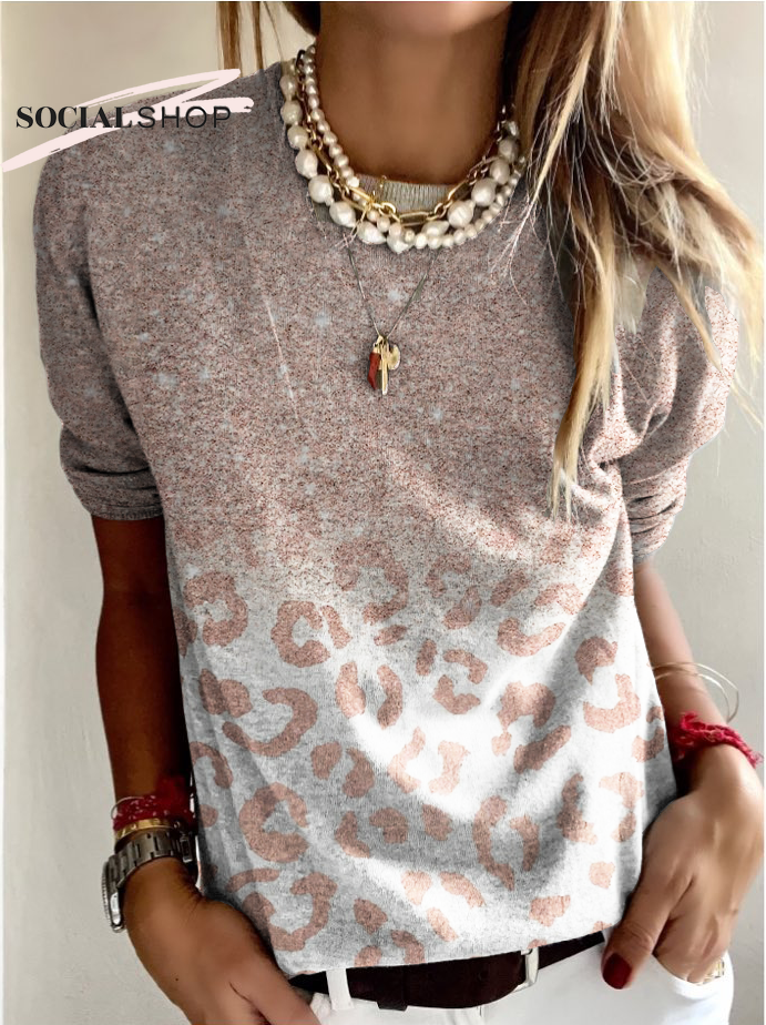 Leopard Gradient Art Round Neck Knit Long Sleeve Top socialshop