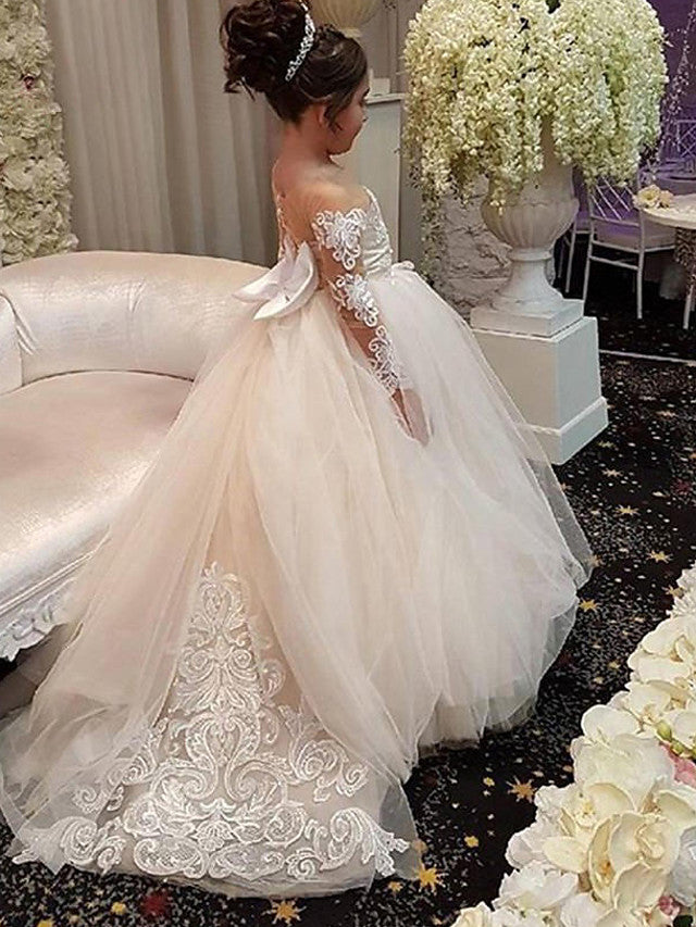 Oknass Long Sleeve Off Shoulder Ball Gown Flower Girl Dress Lace Satin Taffeta  With Bow Solid