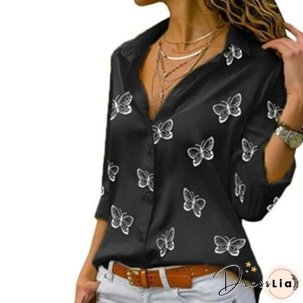 Flutter Print Womens Blouses Long-Sleeve Turn-Down Collar Blouse Shirt Casual Tops Elegant