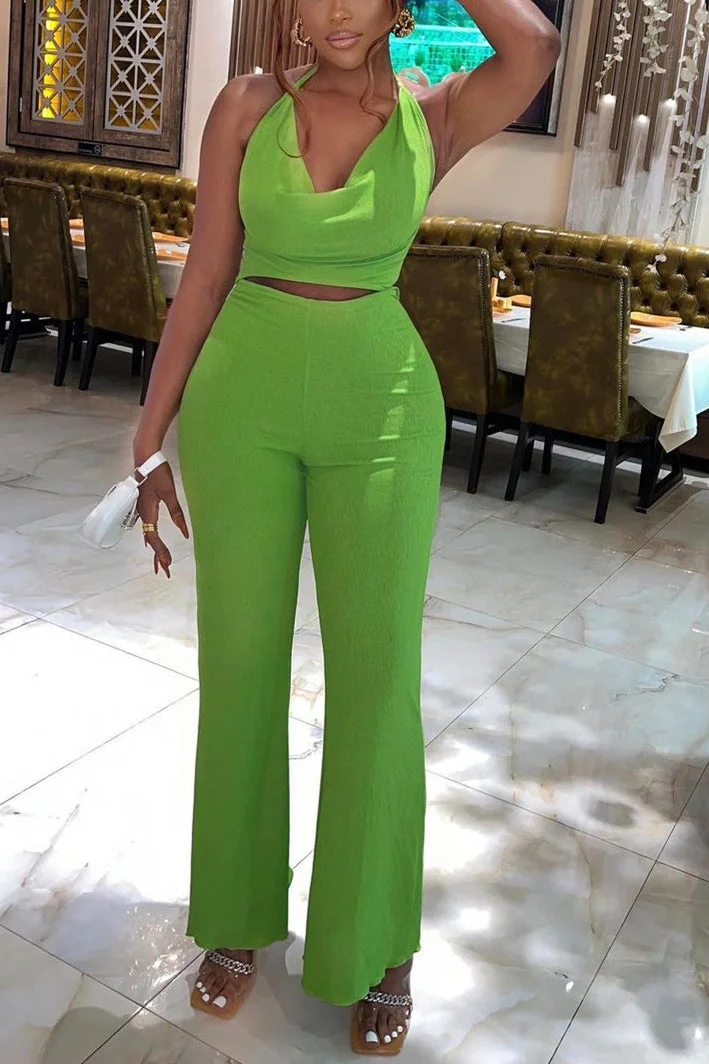Fashion Sexy Solid Hollowed Out Halter Skinny Jumpsuits