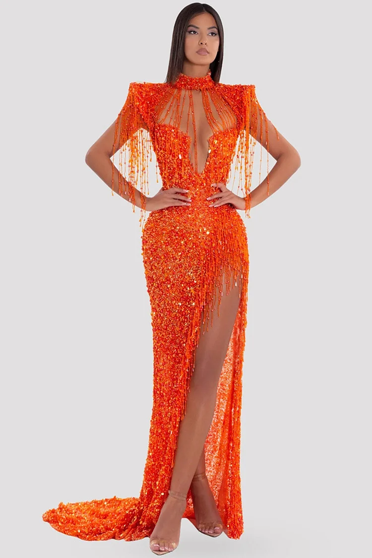 Sequin Beaded Fringe High Slit Maxi Dress-Orange