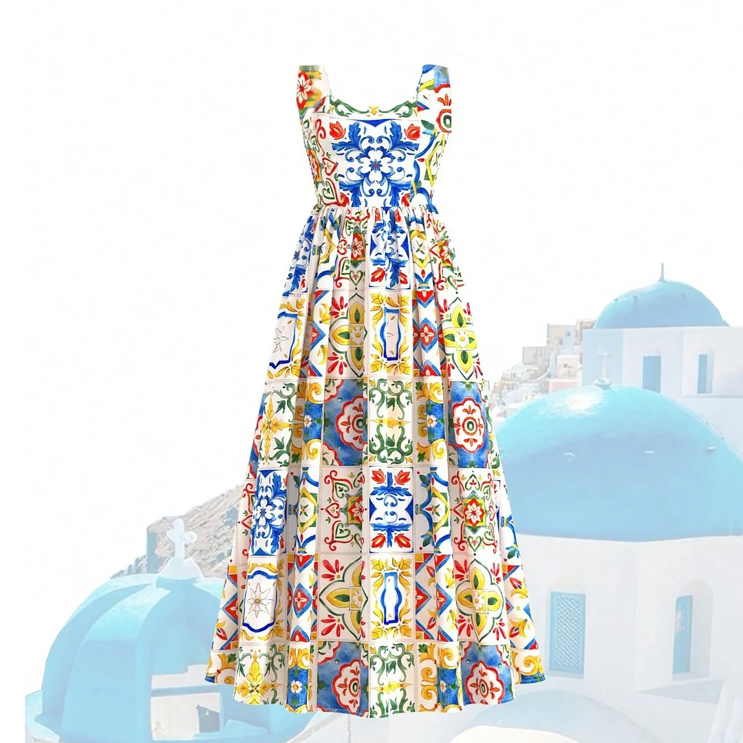 Abito midi in raso di seta maiolica al limone di Amalfi Mediterraneo