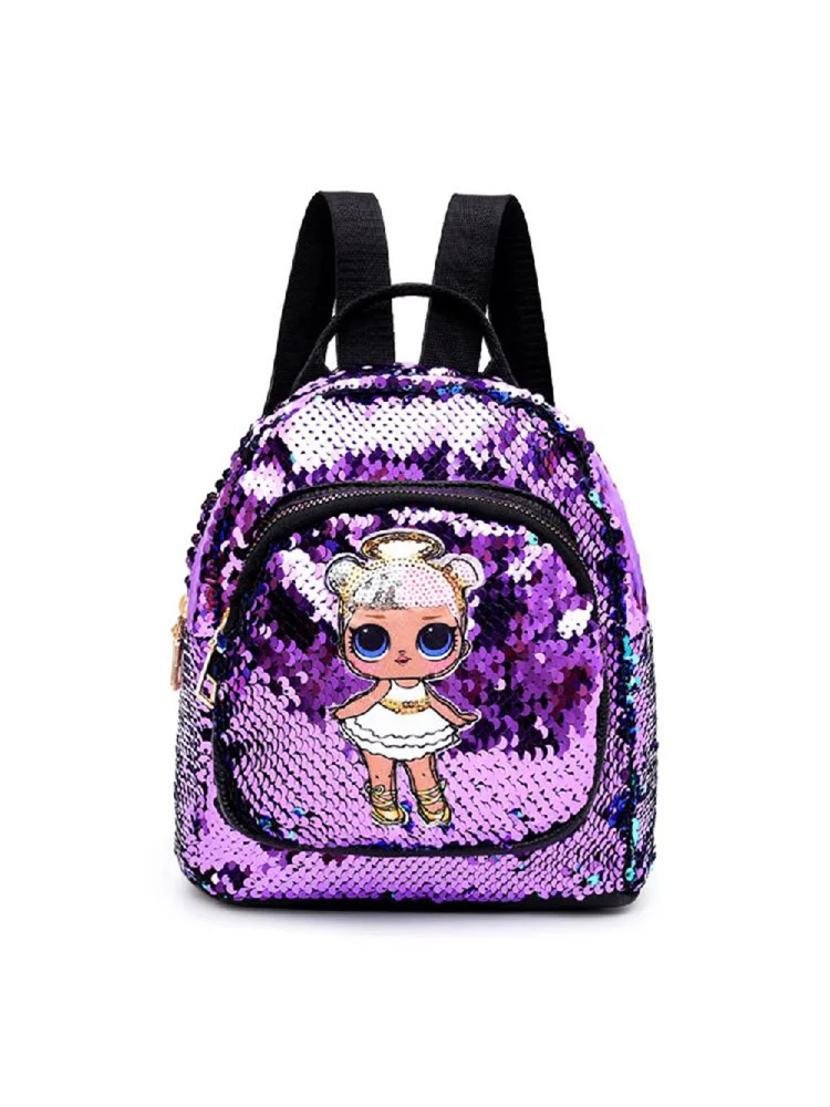 Cute Travel Backpacks Women Kids Sequin Girl Print School Knapsack (Purple)