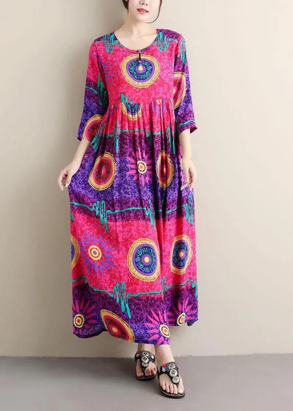Italian Purple Print Tunics O Neck Cinched Maxi Summer Dress