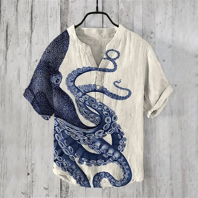 Comstylish Japanese Art Octopus Graphic Printed Short Sleeve Shirt