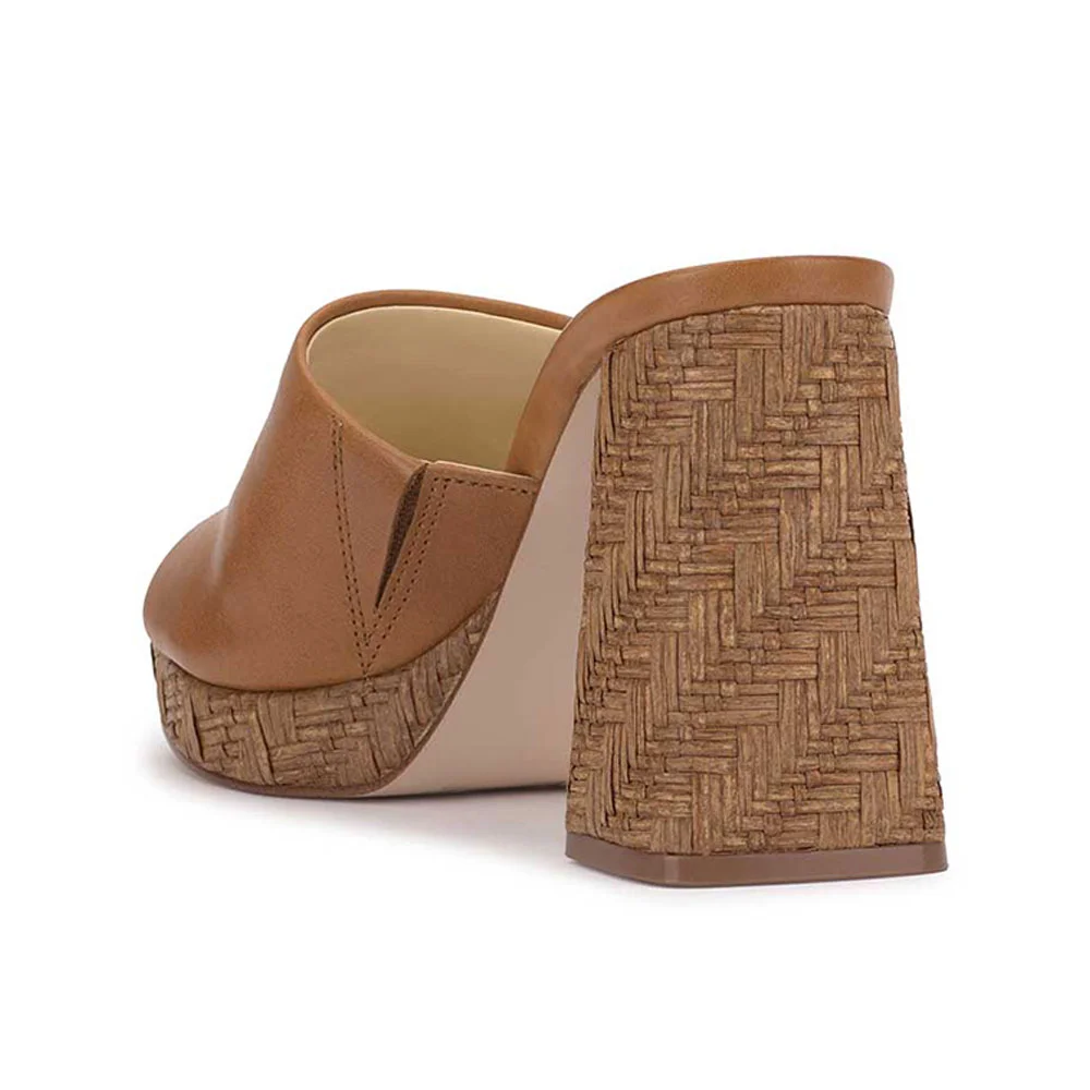 Women's Brown Vegan Leather Open-Toe Woven Block Heel Platform Mules