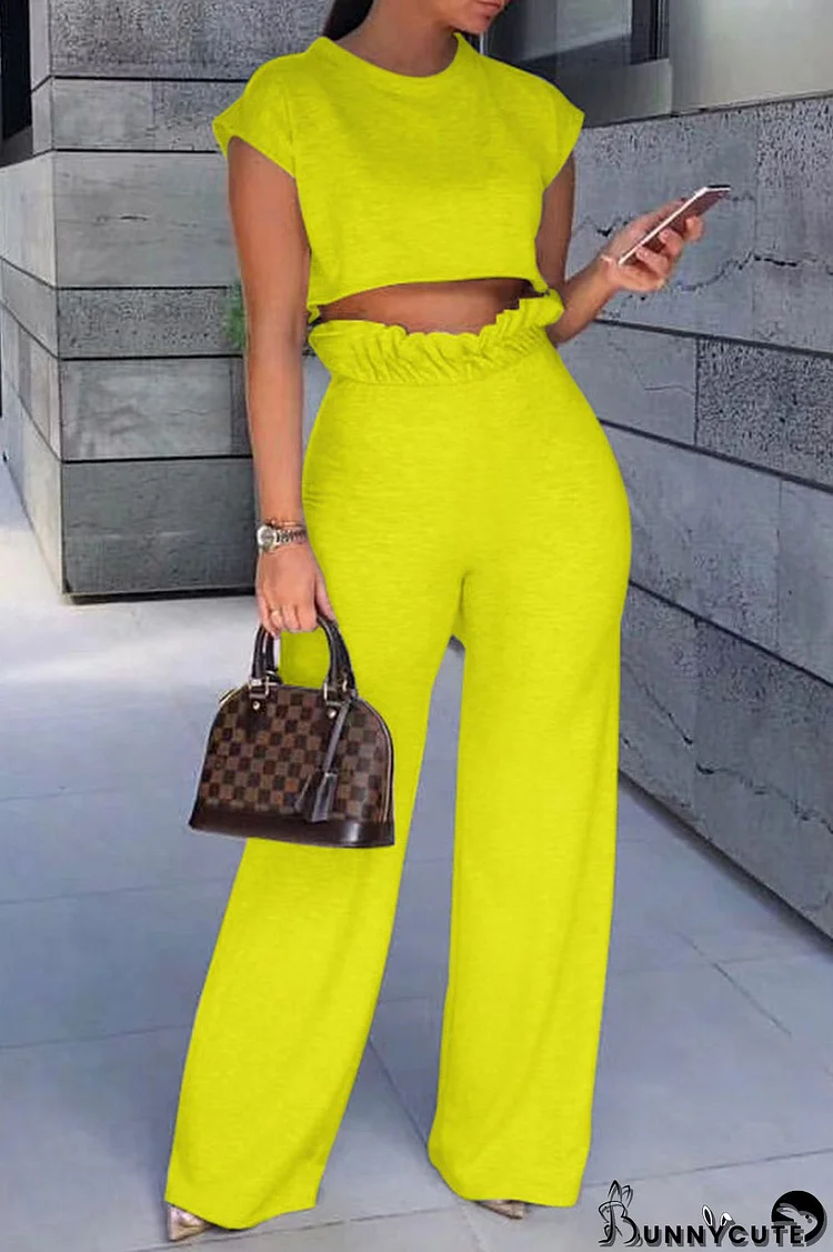 Yellow Fashion Casual Solid Basic O Neck Short Sleeve Two Pieces