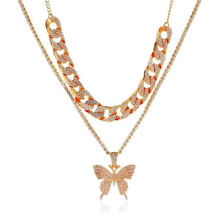Multilayer Butterfly Pendant Rhinestone Necklaces