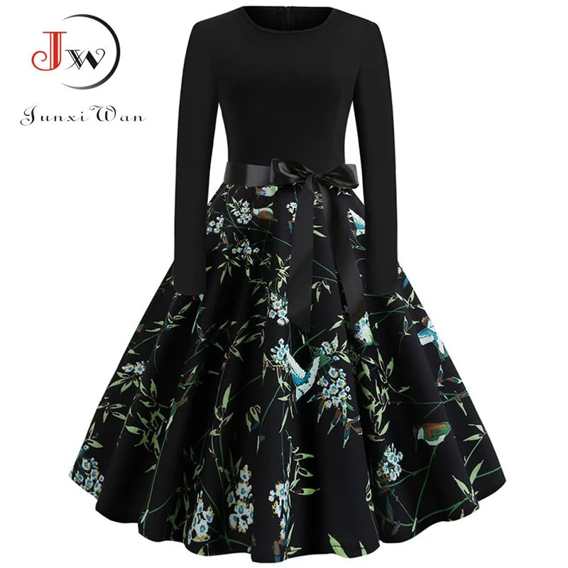 Floral Print Vintage  Women New Spring Elegant Party Long Sleeve Casual Black Patchwork Midi Dress