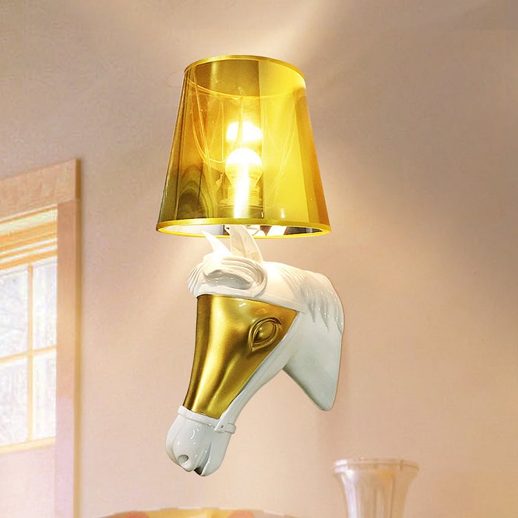 Traditional Cone Sconce Light Fixture 1 Bulb Fabric Wall Mount Lighting in White/Gold for Bedroom with Horse Head Backplate