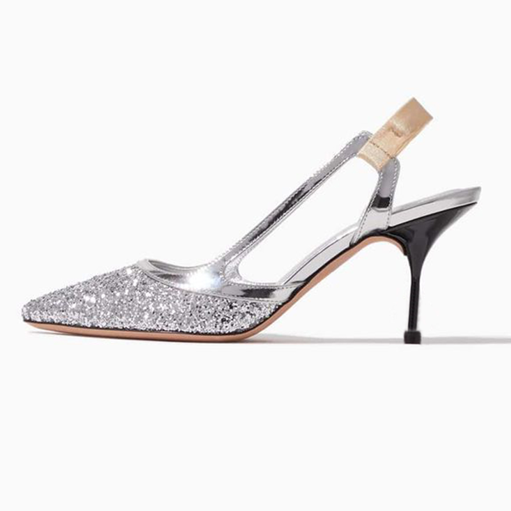 Silver Glitter Closed Toe 3'' Stiletto Heel Slingback Pumps Nicepairs