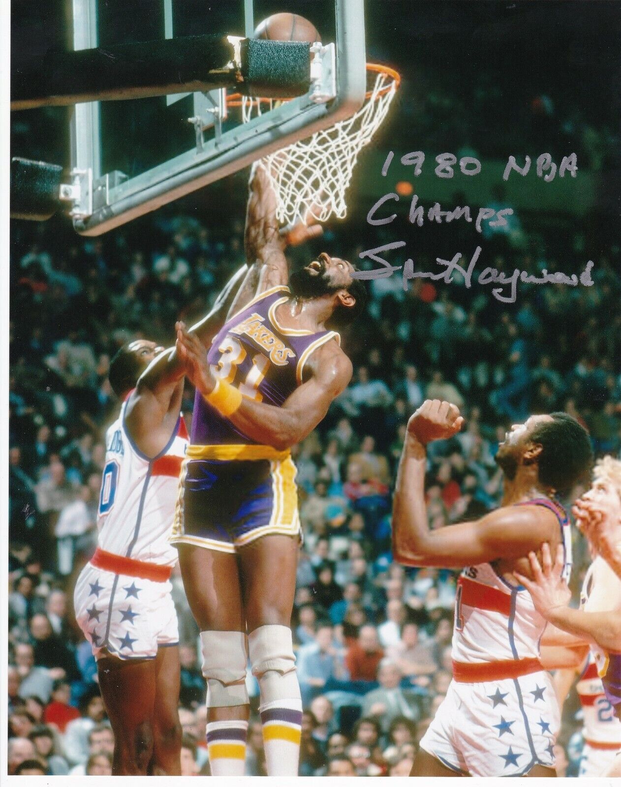 SPENCER HAYWOOD LOS ANGELES LAKERS 1980 NBA CHAMPS ACTION SIGNED 8x10