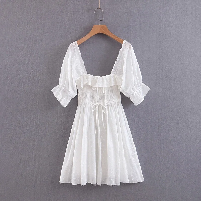 2021 New Summer Casual Chic Solid Colour Cotton Mini Dress Women Holiday Style Ruffles Backless Dresses Female Vestidos