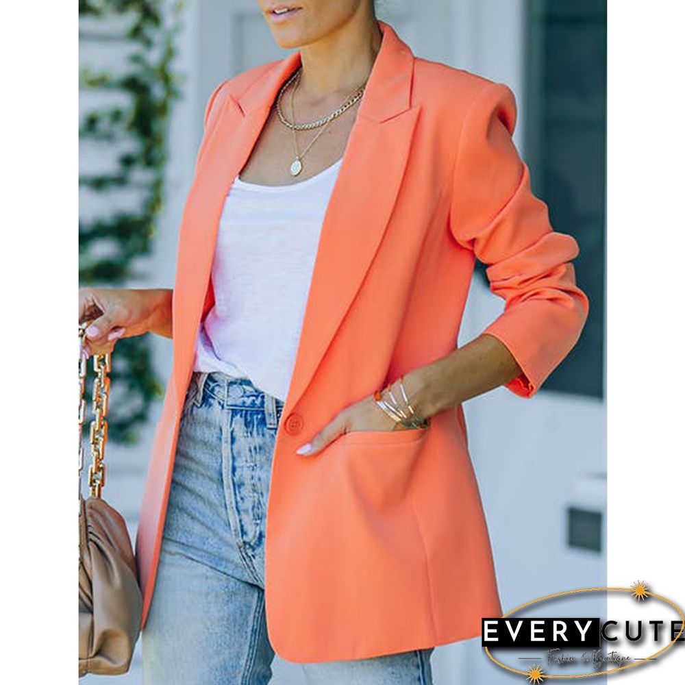 Orange Candy Button Lapel Collar Long Sleeve Blazer