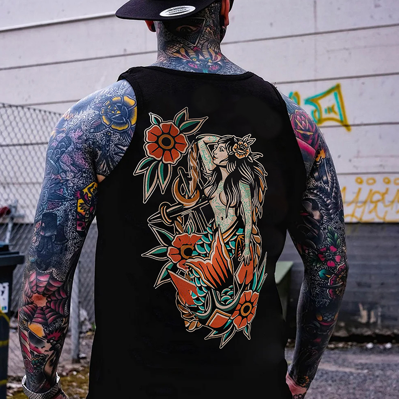Goddess Mermaid with Flowers Graphic Black Print Vest