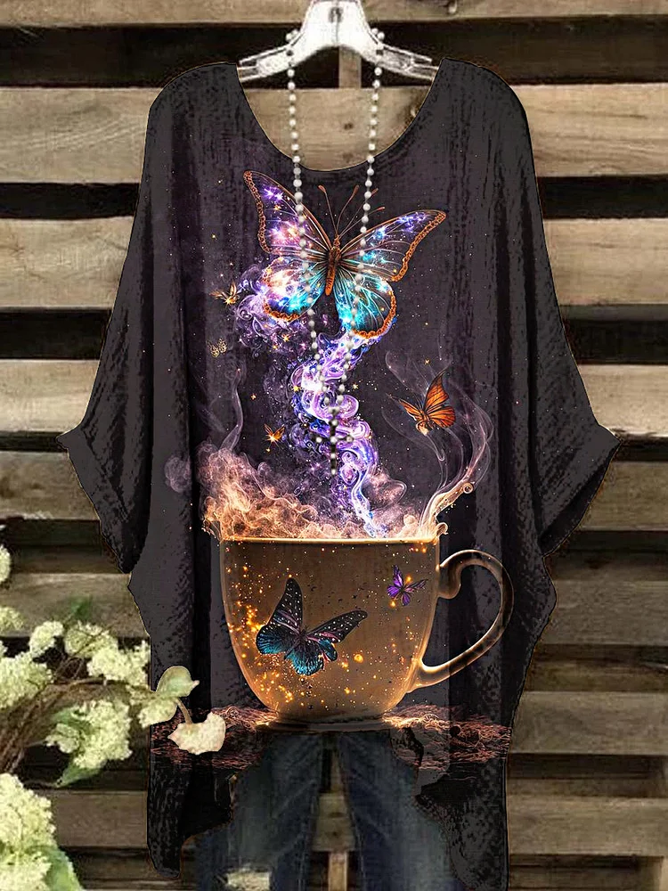 Women's Vintage Teacup Butterfly Pattern Round Neck Top