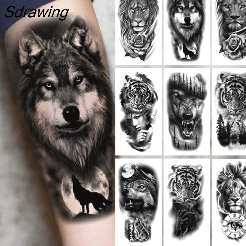 Sdrawing Forest Tattoo Sticker for Men Women Tiger Wolf Death Skull Temporary Tattoo Fake Henna Skeleton King Animal Tatoo Pattern
