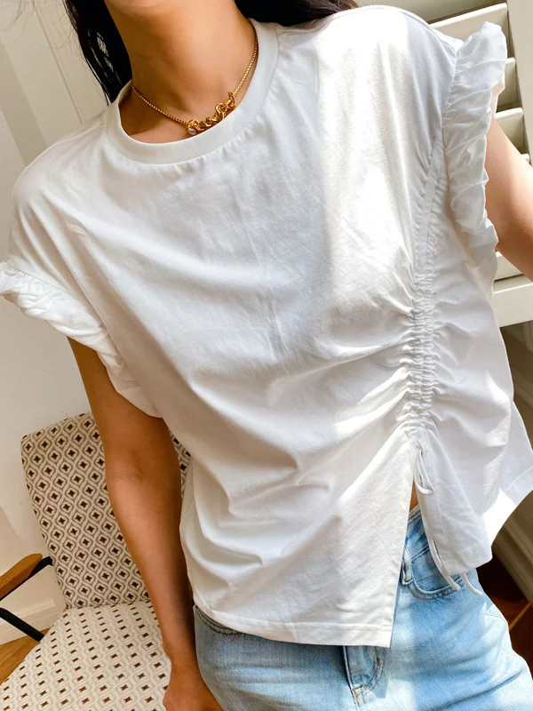 Loose Short Sleeves Asymmetric Drawstring Pleated Ruffle Trim Solid Color Split-Front Round-Neck T-Shirts Tops