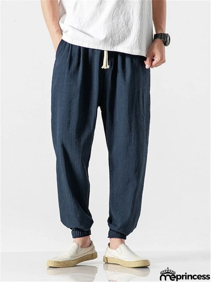 Men Cotton Linen Lightweight Drawstring Pants