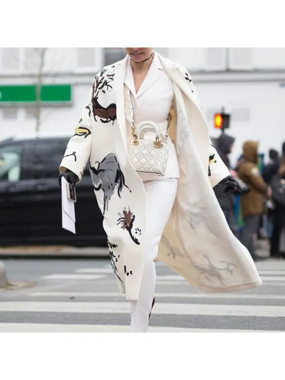 Brownm Autumn Long Sleeve Collar Printed Woolen Coats