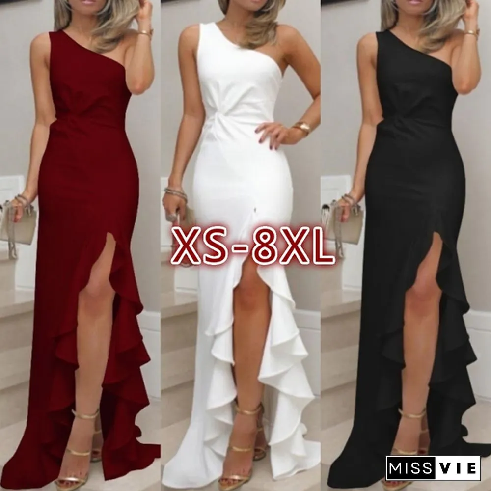 Womens One Shoulder Ruched Ruffle Formal Evening Dress Mermaid Maxi Dress Plus Size XS-8XL