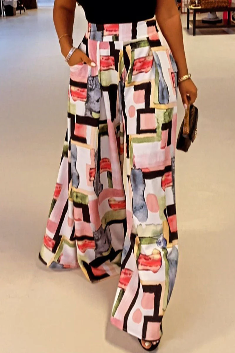 College Print Split Joint Loose High Waist Wide Leg Full Print Bottoms