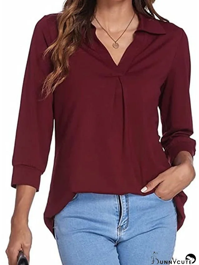 Blouse T shirt Basic Plain Daily V Neck Regular Spring & Fall Green Blue White Black Dark Red for Women