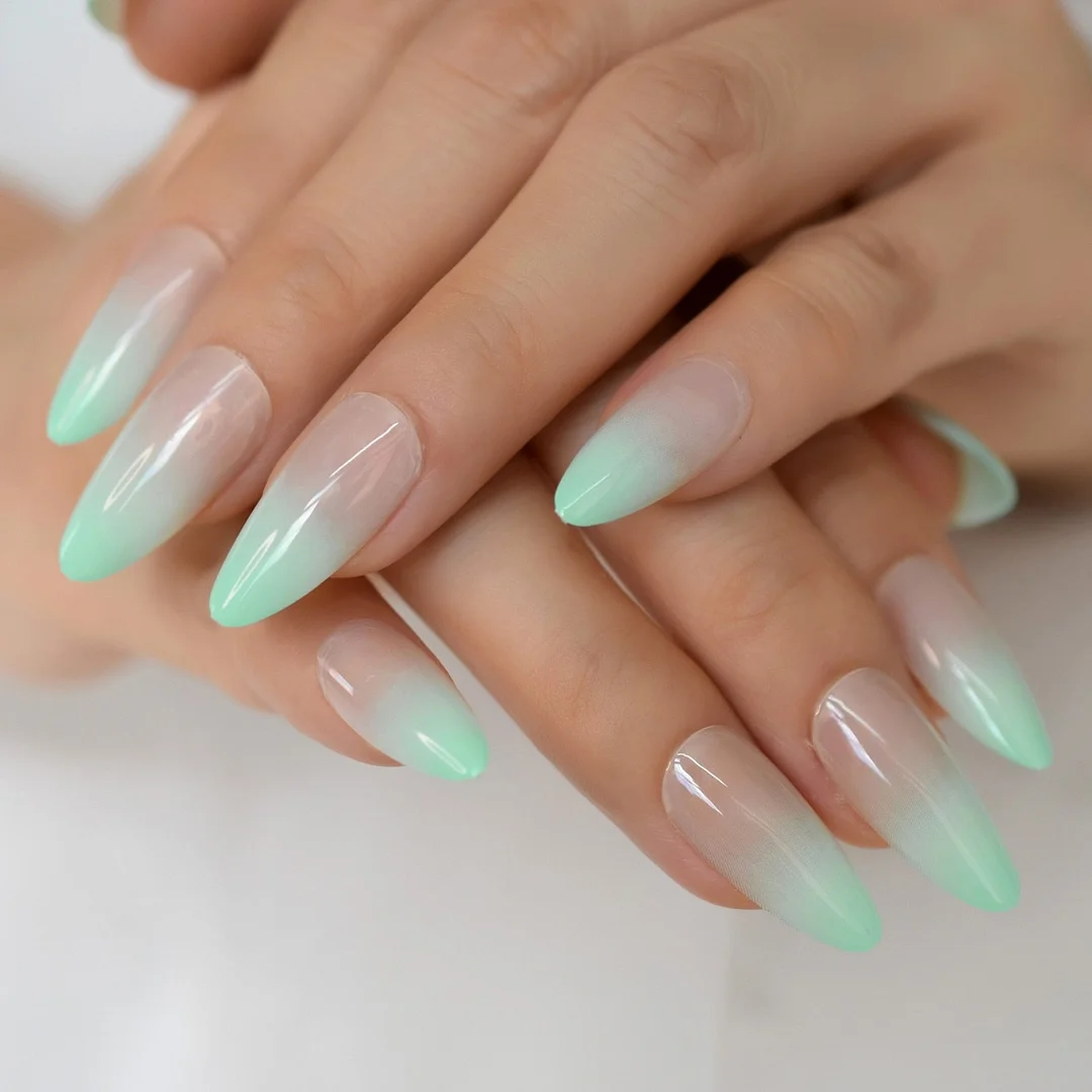 Almond Nails Press On Fake Ombre Medium Length Glossy False Nail French Tips Light Lake Green Acrylic Nail Art 24 PC-Nail Inspo