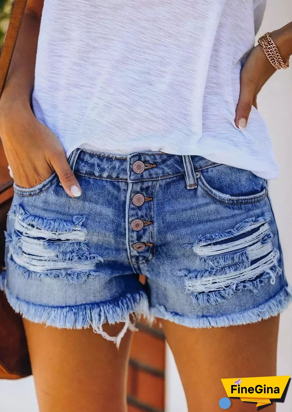 Pocket Button Ripped Hole Denim Shorts - Blue