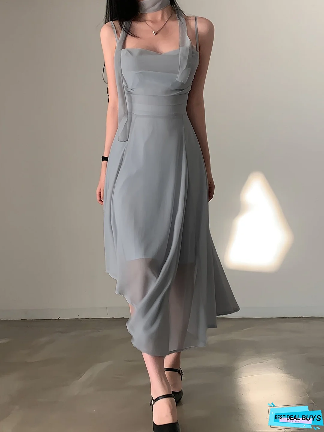 Cowl Neck Asymmetric Ruffle Hem Dress, Elegant Cut Out With Scarf Layer Dress, Women's Clothing