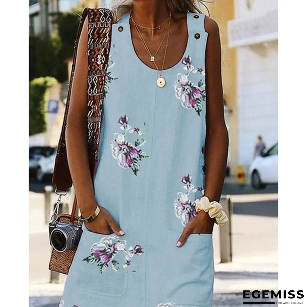 Large Size Women's Dress Floral Print Round Neck Sleeveless Double Pocket Dresses White Dresses | EGEMISS