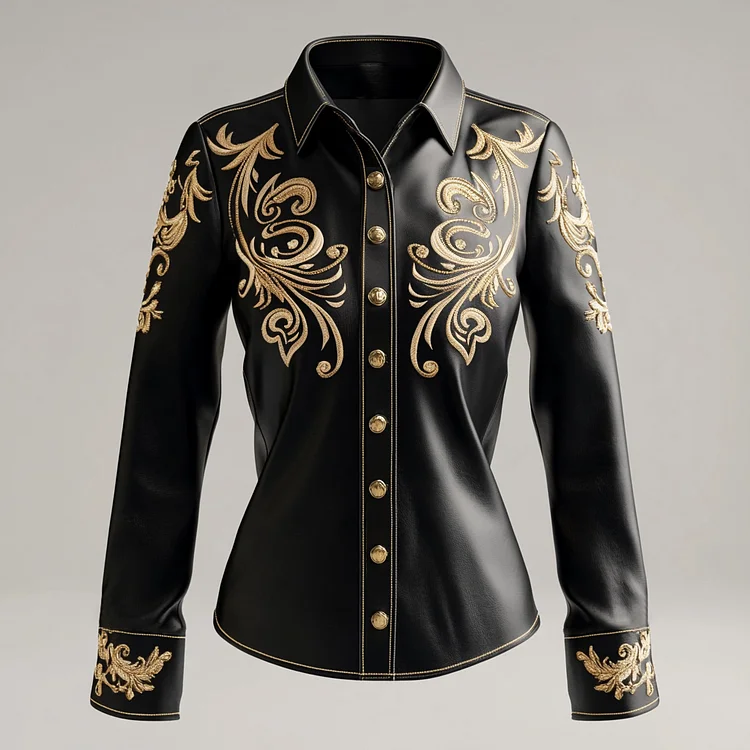 Ursime Shirt Collar Metal Button Plant Embroidery PU Leather Blouse