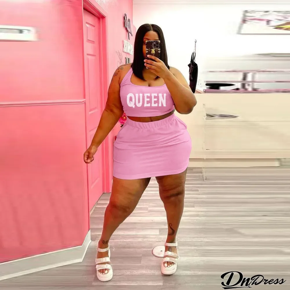 Plus Size Women'S Fashion Beaded Solid Sleeveless Tank Top And Skirt Two-Piece Set