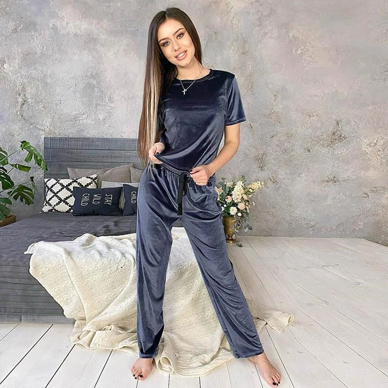 HiLoc Blue Velvet Sleepwear Winter Warm Home Suit Sets Female Pajamas Loose Pants Ribbon Knit Short Sleeve Two Piece Set Lounge